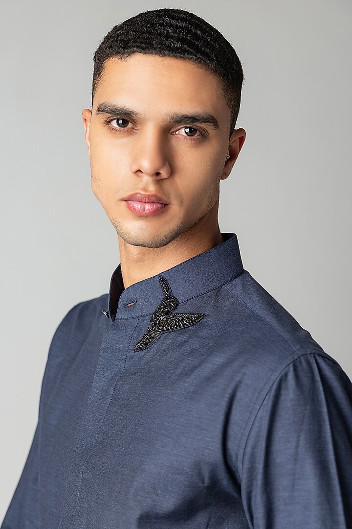 Blue Knit Motif Hand Embroidered Party Wear Shirt by AMIT ARORA at Pernia's Pop Up Shop