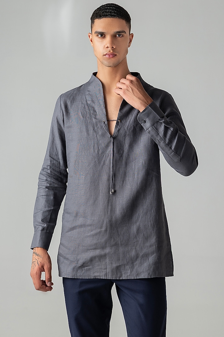 Grey Linen Party Wear Shirt by AMIT ARORA at Pernia's Pop Up Shop