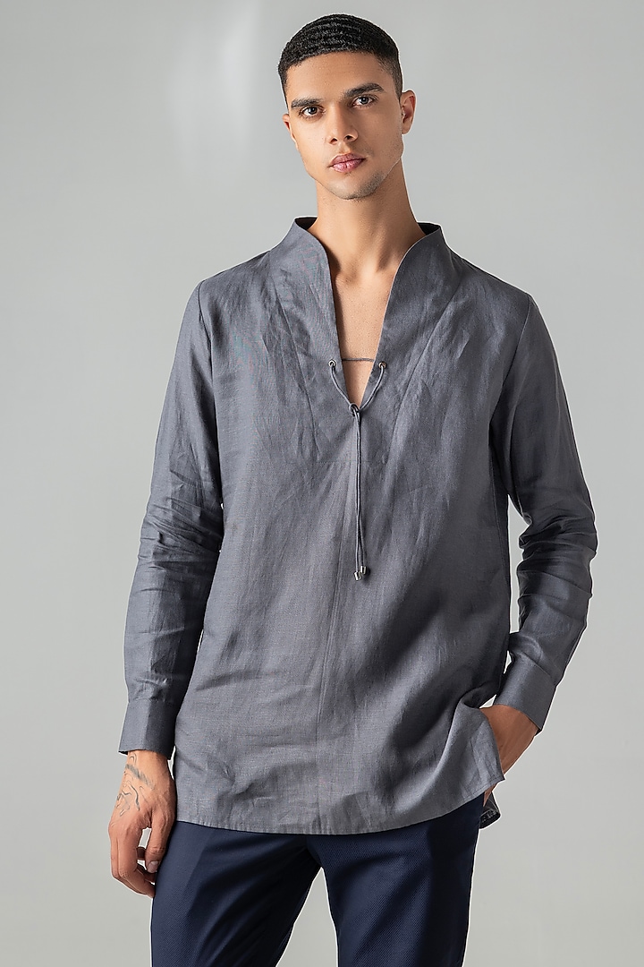 Grey Linen Party Wear Shirt by AMIT ARORA at Pernia's Pop Up Shop