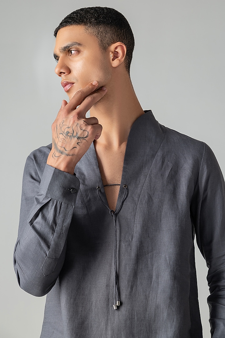 Grey Linen Party Wear Shirt by AMIT ARORA at Pernia's Pop Up Shop