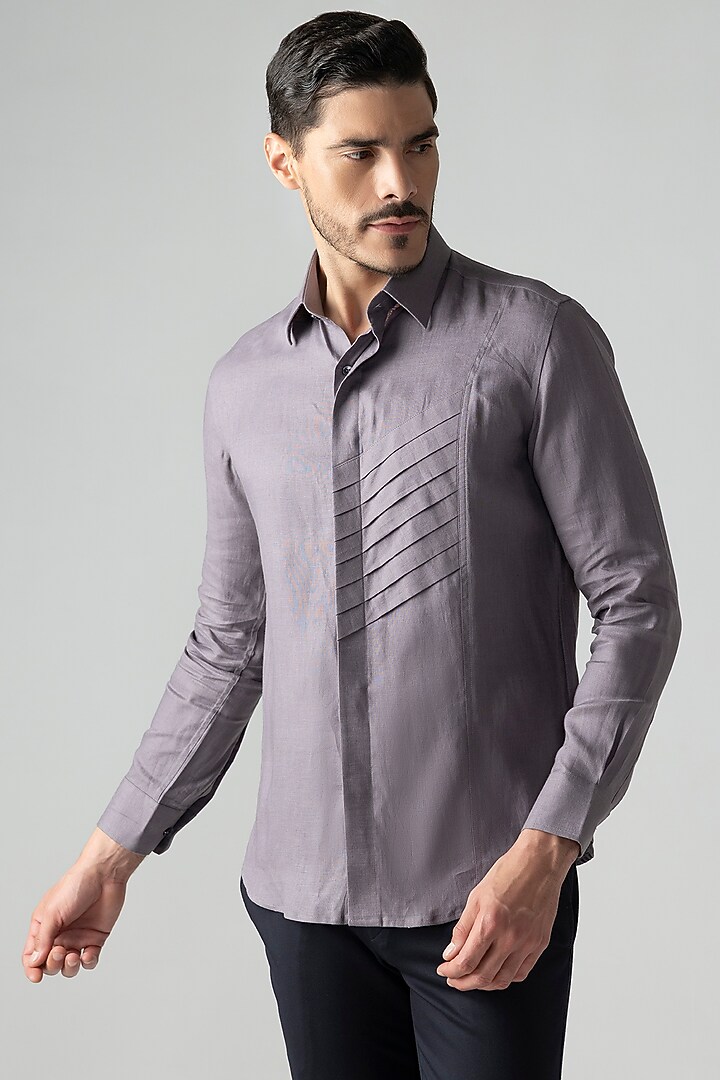 Mauve Linen Pleated Party Wear Shirt by AMIT ARORA at Pernia's Pop Up Shop