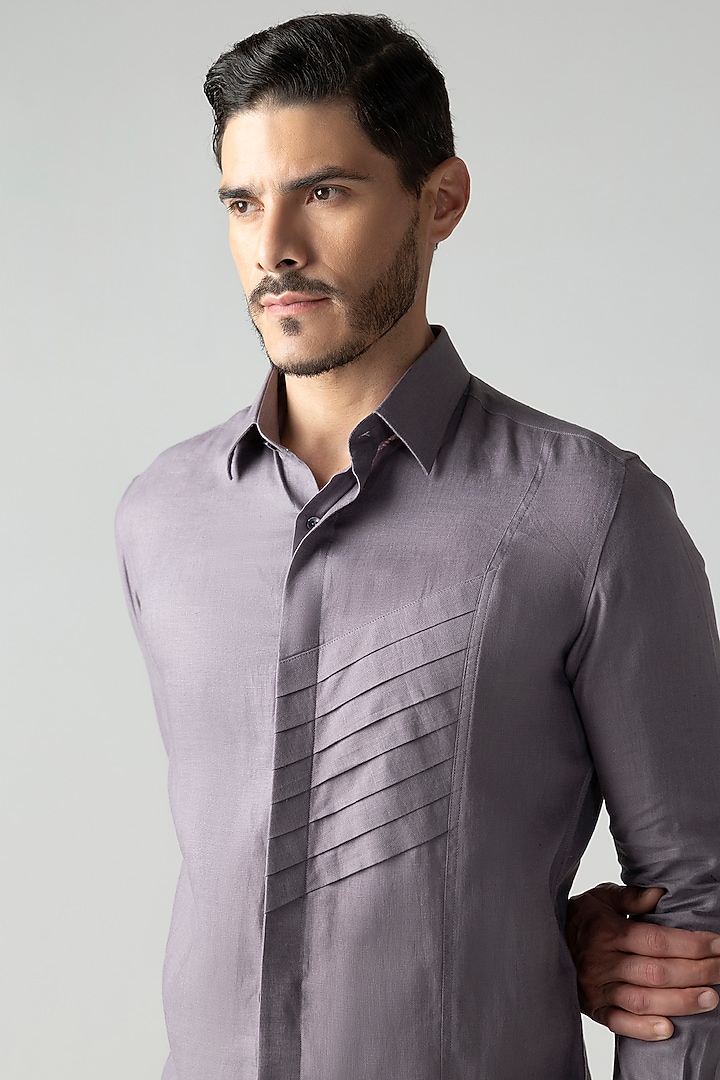 Mauve Linen Pleated Party Wear Shirt by AMIT ARORA at Pernia's Pop Up Shop