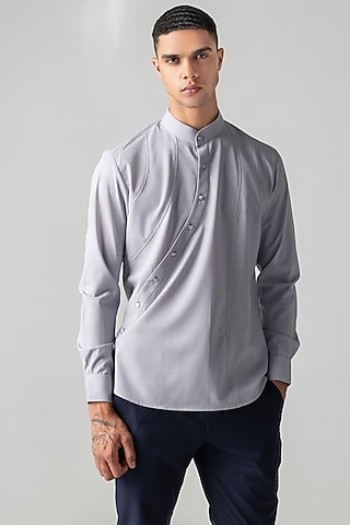 Grey Tencel Asymmetric Shirt by AMIT ARORA