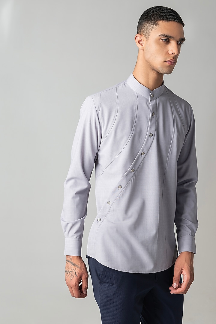 Grey Tencel Asymmetric Party Wear Shirt by AMIT ARORA at Pernia's Pop Up Shop