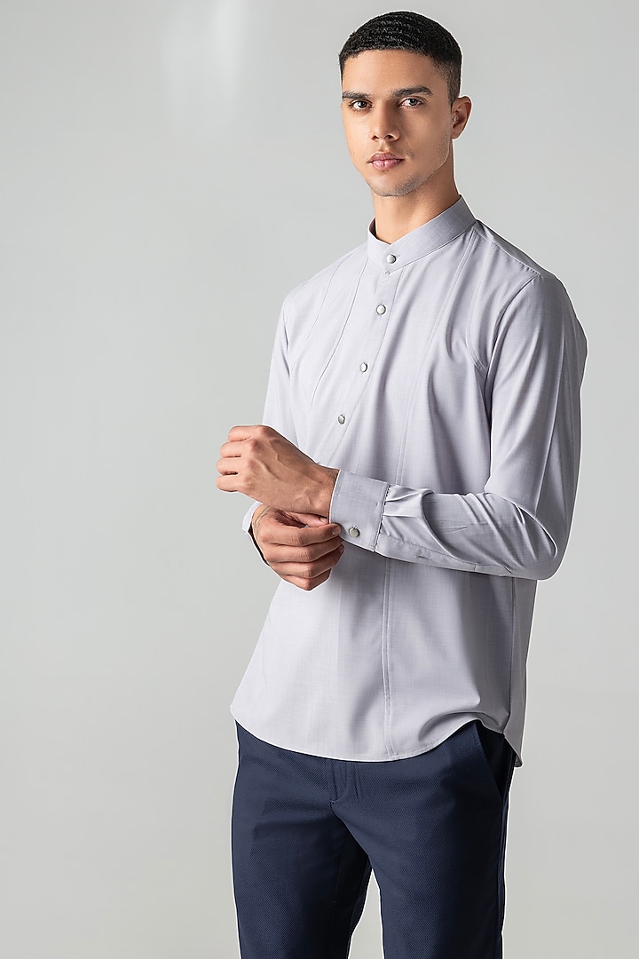 Grey Tencel Asymmetric Party Wear Shirt by AMIT ARORA at Pernia's Pop Up Shop