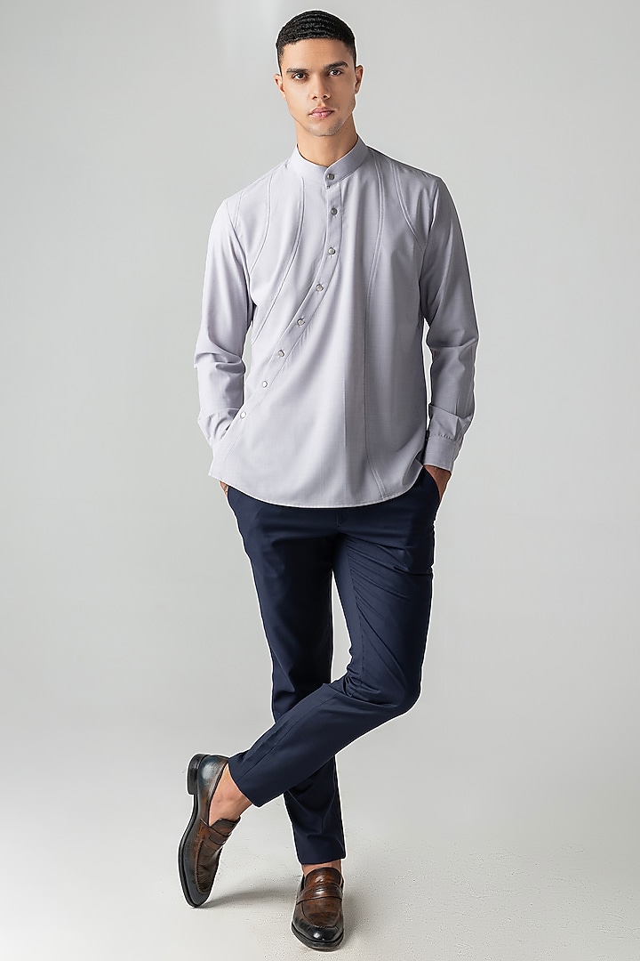 Grey Tencel Asymmetric Party Wear Shirt by AMIT ARORA at Pernia's Pop Up Shop