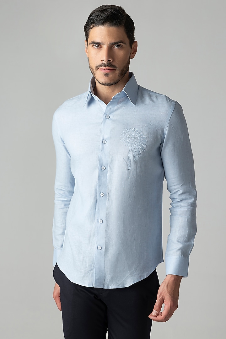 Sky Blue Linen Floral Motif Embroidered Party Wear Shirt by AMIT ARORA at Pernia's Pop Up Shop