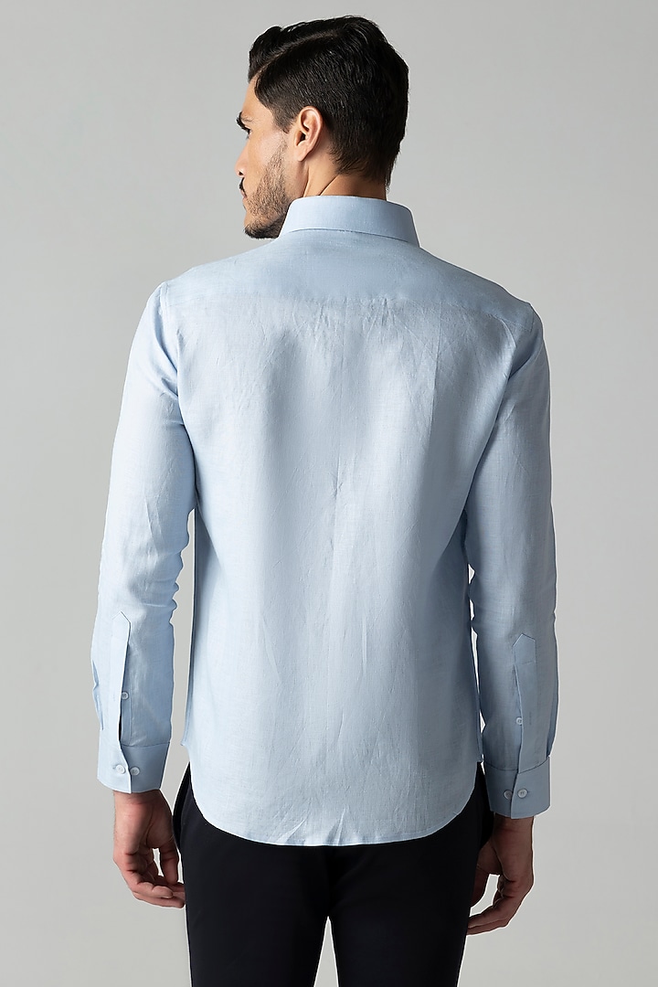 Sky Blue Linen Floral Motif Embroidered Party Wear Shirt by AMIT ARORA at Pernia's Pop Up Shop