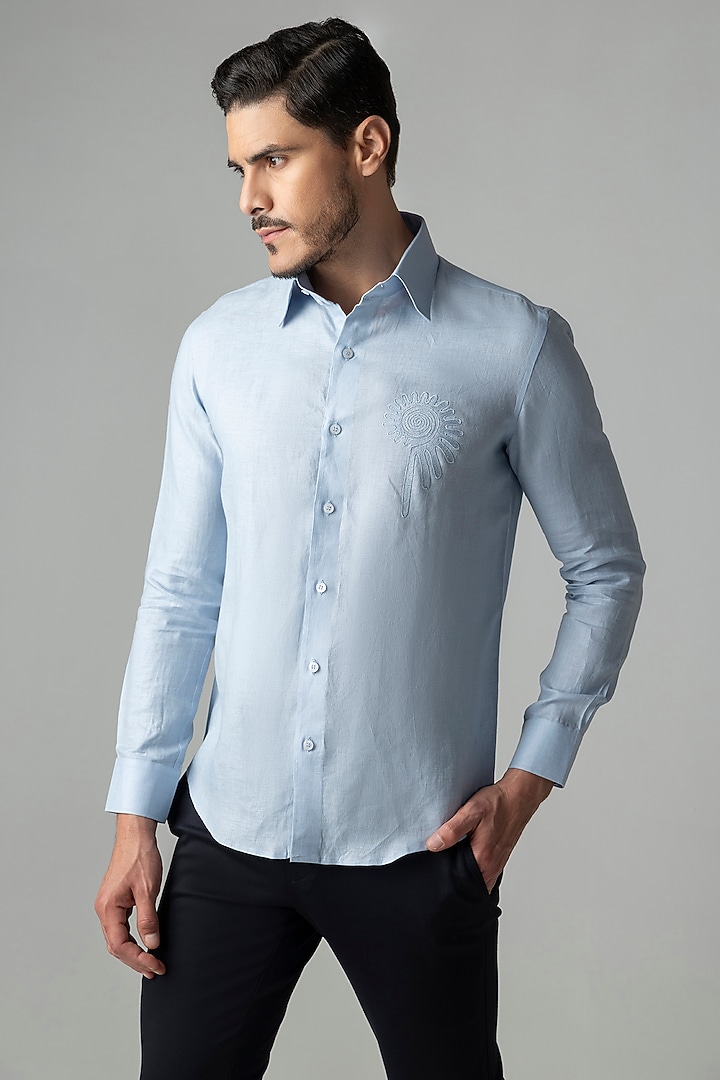 Sky Blue Linen Floral Motif Embroidered Party Wear Shirt by AMIT ARORA at Pernia's Pop Up Shop