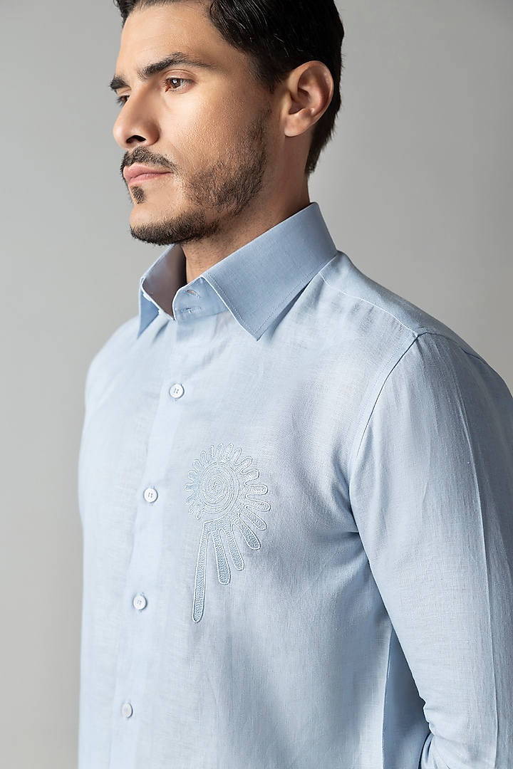 Sky Blue Linen Floral Motif Embroidered Party Wear Shirt by AMIT ARORA at Pernia's Pop Up Shop
