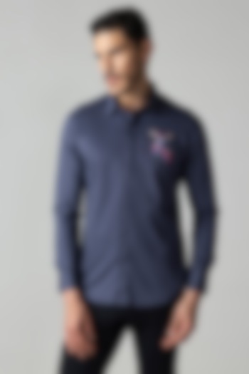 Navy Blue Knit Motif Embroidered Party Wear Shirt by AMIT ARORA at Pernia's Pop Up Shop