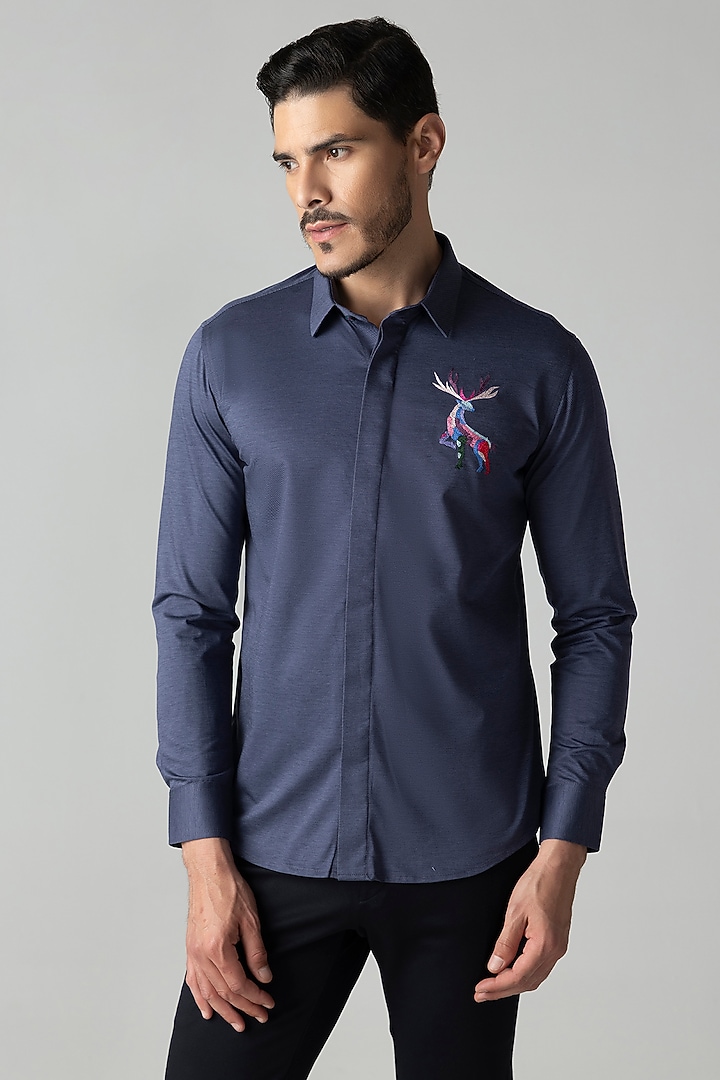 Navy Blue Knit Motif Embroidered Party Wear Shirt by AMIT ARORA at Pernia's Pop Up Shop