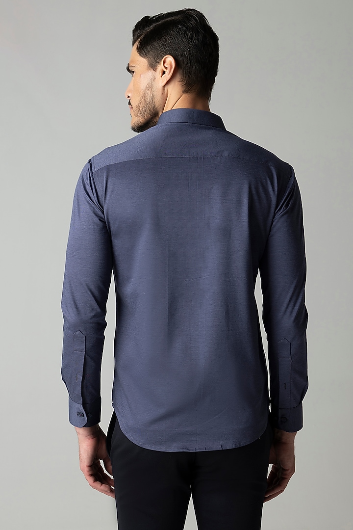 Navy Blue Knit Motif Embroidered Party Wear Shirt by AMIT ARORA at Pernia's Pop Up Shop