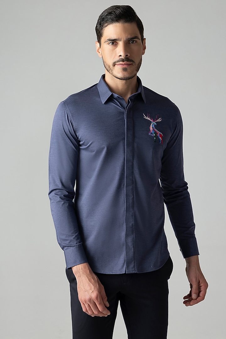 Navy Blue Knit Motif Embroidered Party Wear Shirt by AMIT ARORA at Pernia's Pop Up Shop