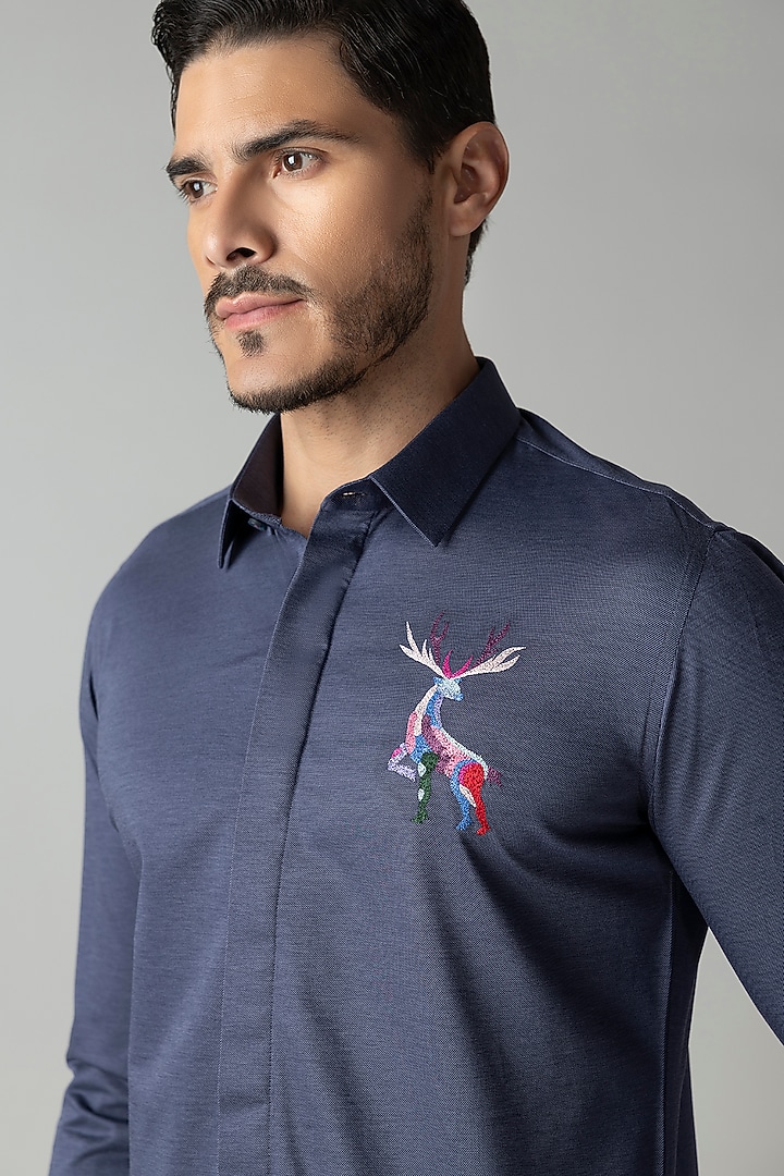 Navy Blue Knit Motif Embroidered Party Wear Shirt by AMIT ARORA at Pernia's Pop Up Shop