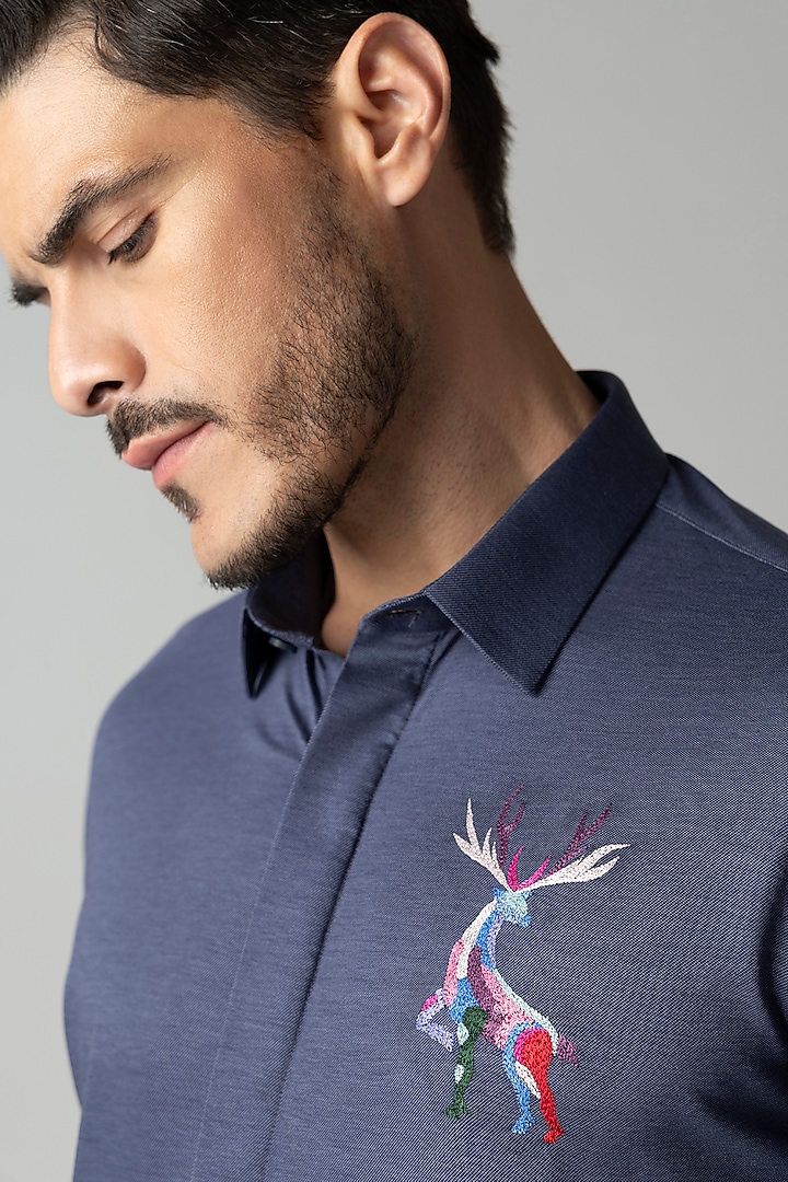 Navy Blue Knit Motif Embroidered Party Wear Shirt by AMIT ARORA at Pernia's Pop Up Shop