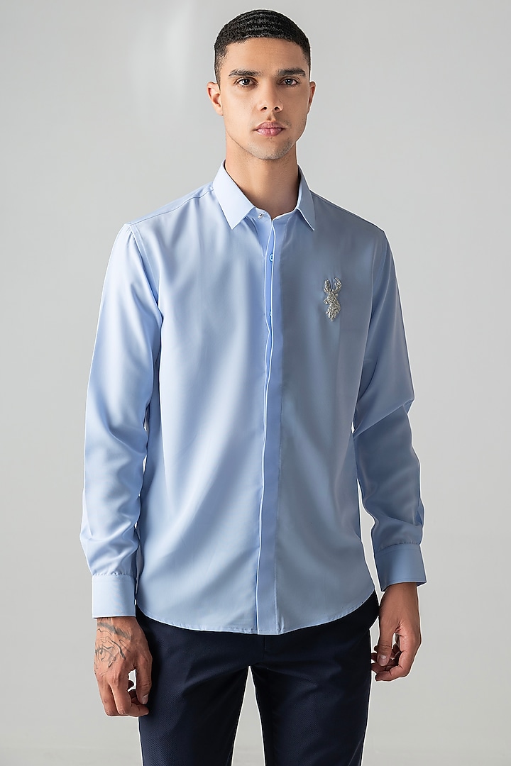 Sky Blue Polynosic Metallic Hand Embroidered Party Wear Shirt by AMIT ARORA at Pernia's Pop Up Shop
