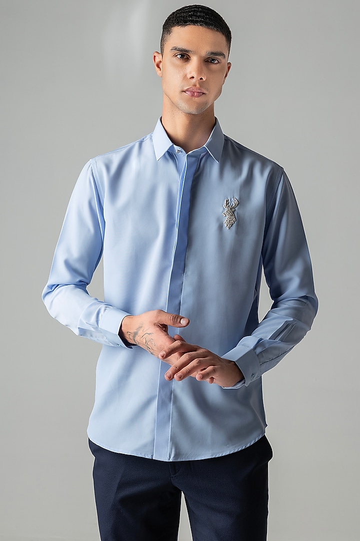 Sky Blue Polynosic Metallic Hand Embroidered Party Wear Shirt by AMIT ARORA at Pernia's Pop Up Shop