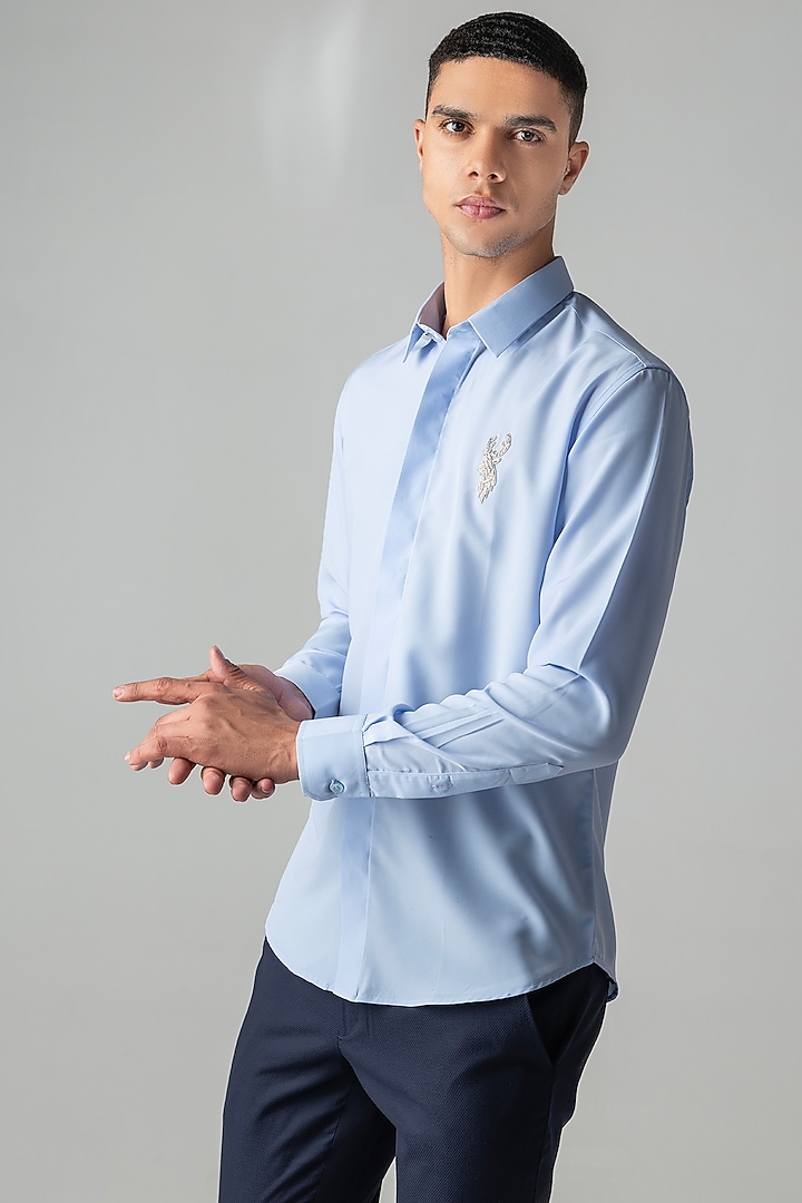 Sky Blue Polynosic Metallic Hand Embroidered Party Wear Shirt by AMIT ARORA at Pernia's Pop Up Shop