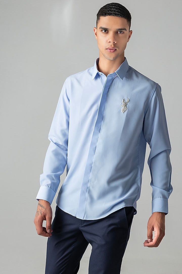 Sky Blue Polynosic Metallic Hand Embroidered Party Wear Shirt by AMIT ARORA at Pernia's Pop Up Shop