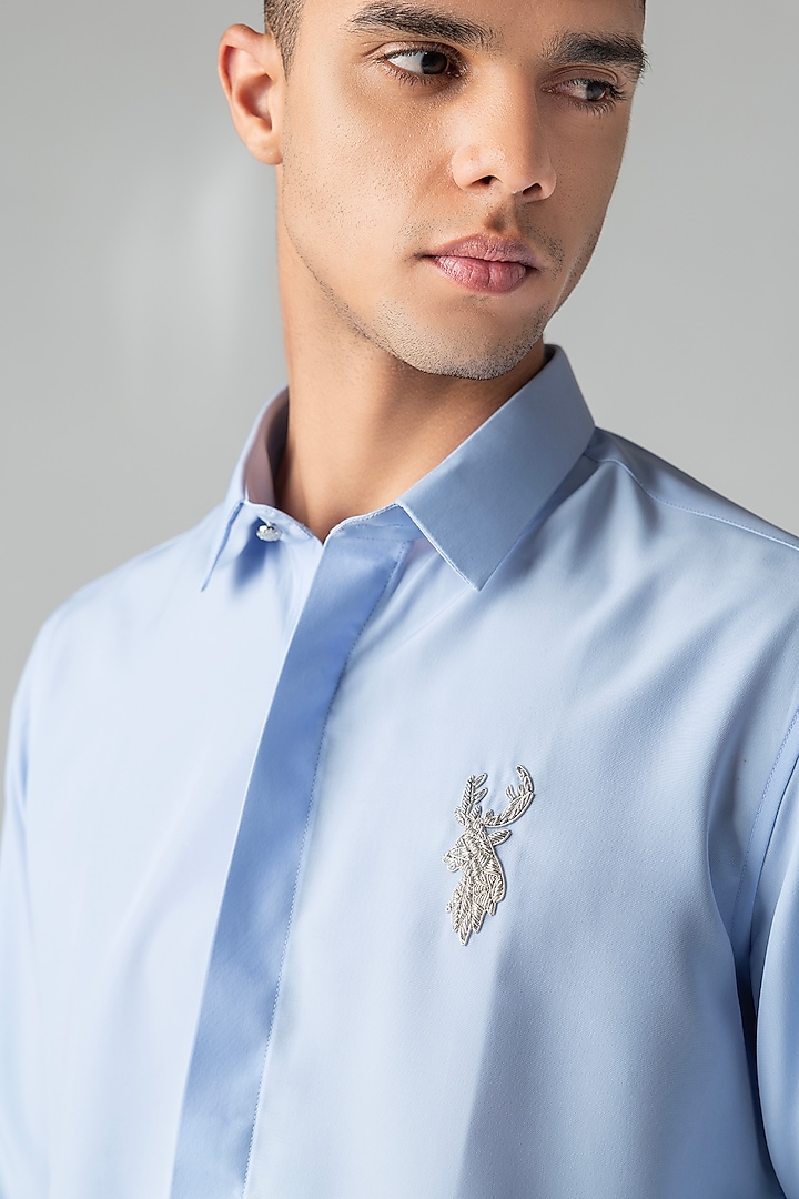 Sky Blue Polynosic Metallic Hand Embroidered Party Wear Shirt by AMIT ARORA at Pernia's Pop Up Shop