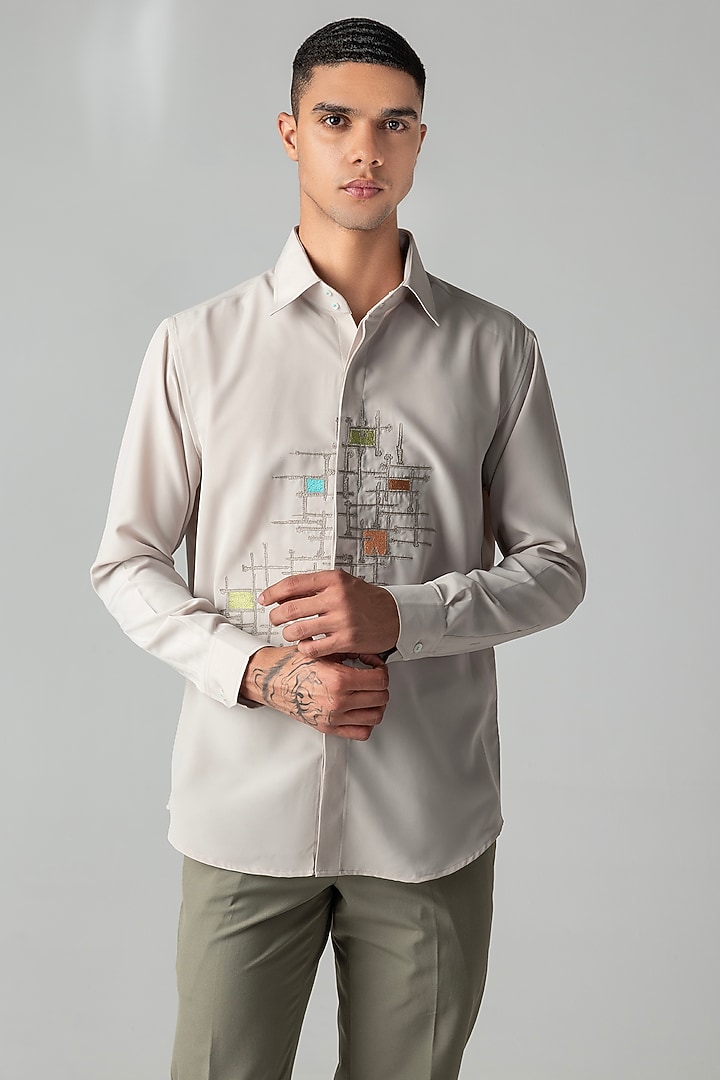 Beige Polynosic Abstract Embroidered Party Wear Shirt by AMIT ARORA at Pernia's Pop Up Shop