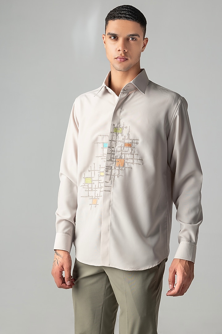 Beige Polynosic Abstract Embroidered Party Wear Shirt by AMIT ARORA at Pernia's Pop Up Shop