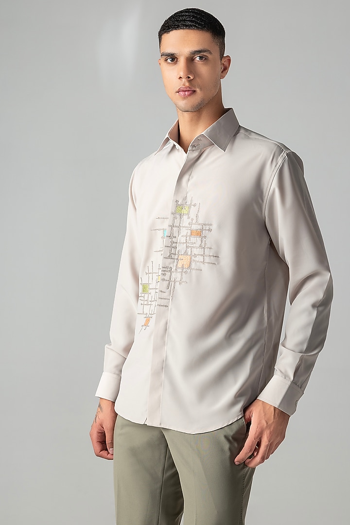 Beige Polynosic Abstract Embroidered Party Wear Shirt by AMIT ARORA at Pernia's Pop Up Shop