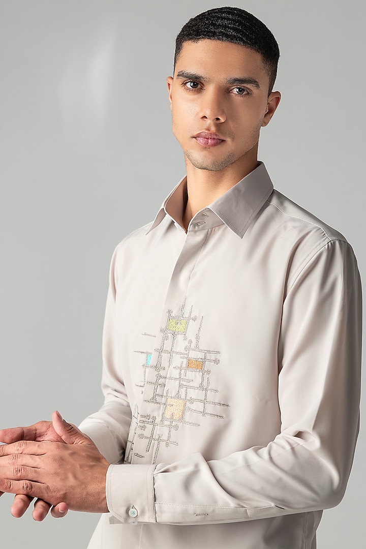 Beige Polynosic Abstract Embroidered Party Wear Shirt by AMIT ARORA at Pernia's Pop Up Shop