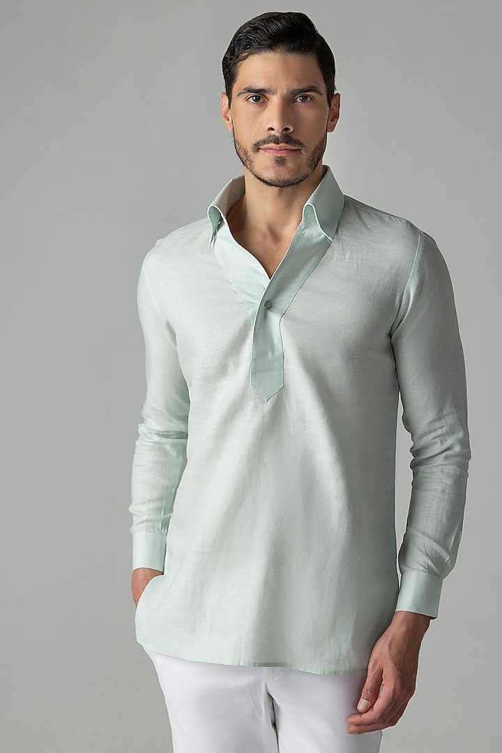 Mint Green Linen Party Wear Shirt by AMIT ARORA at Pernia's Pop Up Shop
