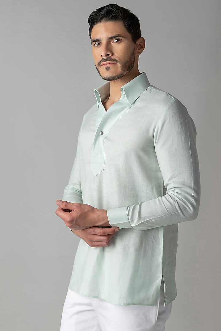 Mint Green Linen Party Wear Shirt by AMIT ARORA at Pernia's Pop Up Shop