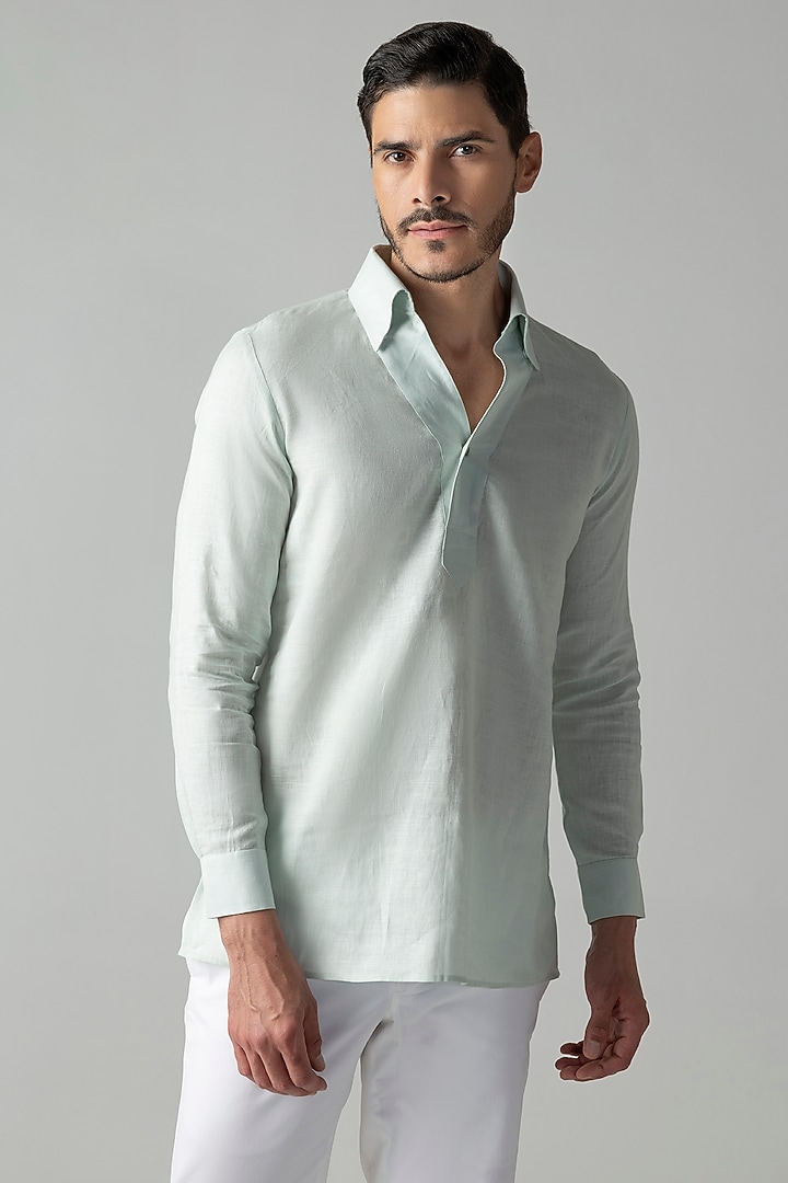 Mint Green Linen Party Wear Shirt by AMIT ARORA at Pernia's Pop Up Shop
