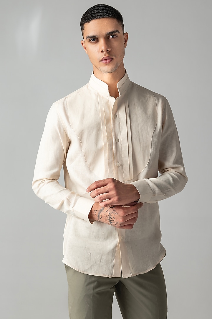 Peach Linen Pleated Party Wear Shirt by AMIT ARORA at Pernia's Pop Up Shop