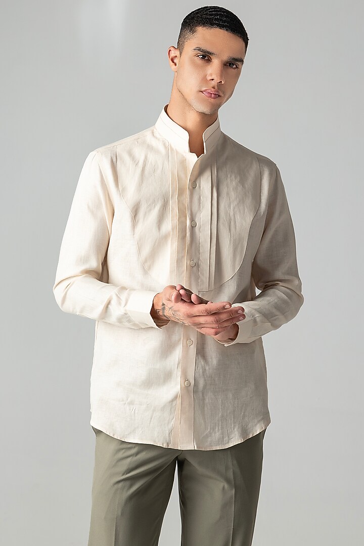 Peach Linen Pleated Party Wear Shirt by AMIT ARORA at Pernia's Pop Up Shop