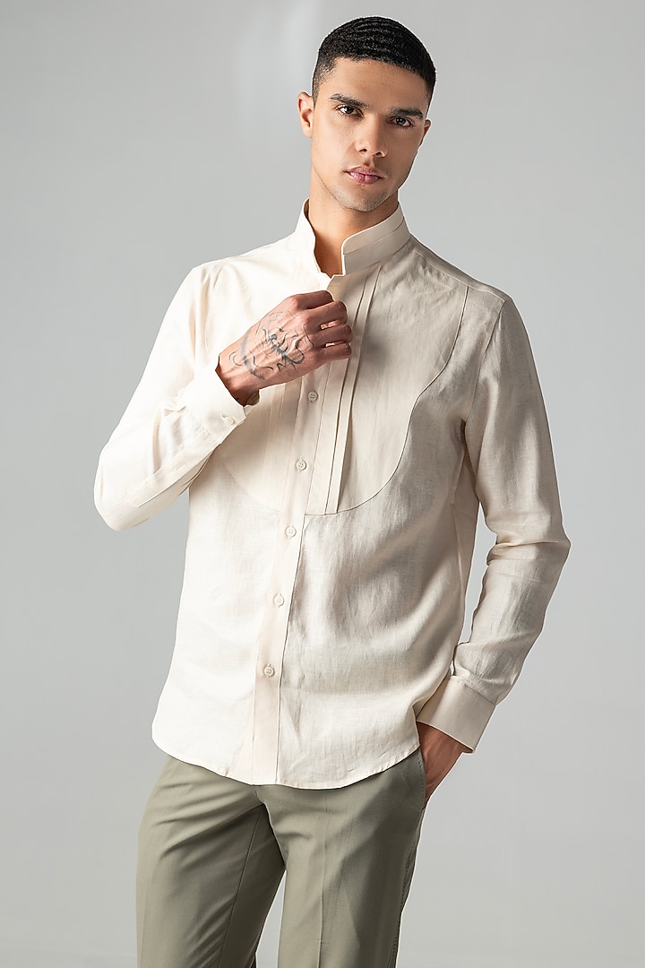 Peach Linen Pleated Party Wear Shirt by AMIT ARORA at Pernia's Pop Up Shop