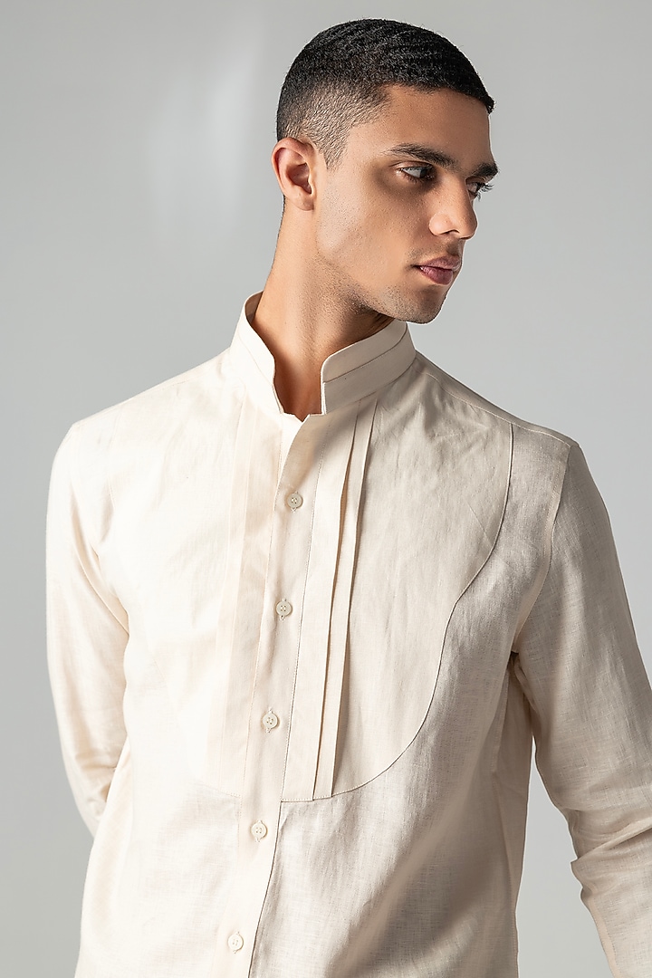 Peach Linen Pleated Party Wear Shirt by AMIT ARORA at Pernia's Pop Up Shop