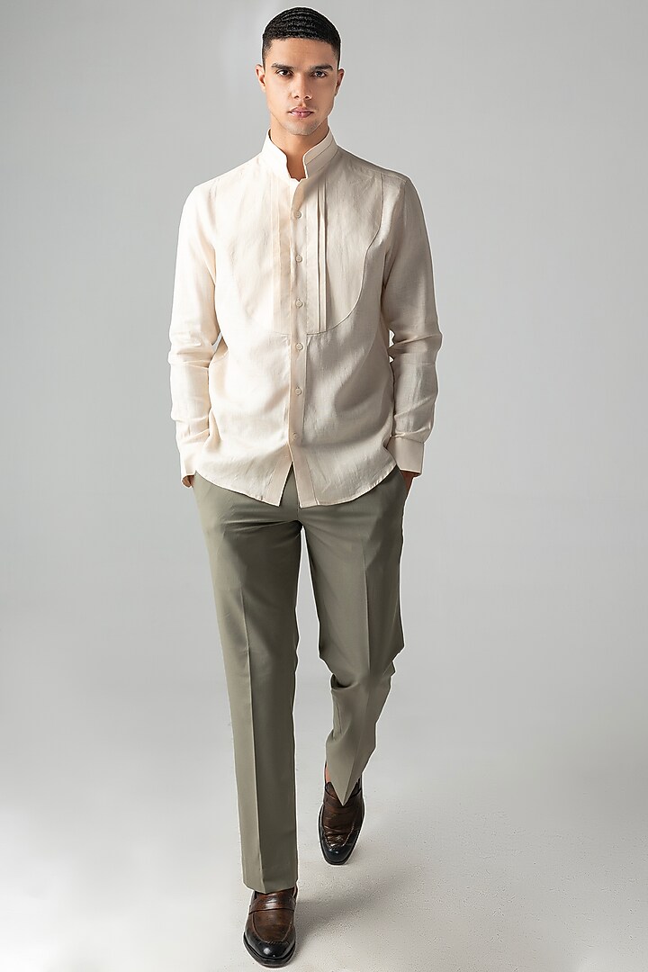 Peach Linen Pleated Party Wear Shirt by AMIT ARORA at Pernia's Pop Up Shop