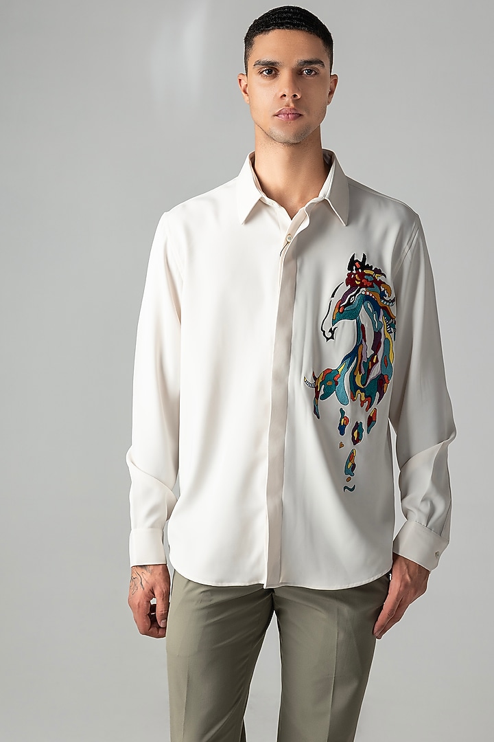 Ivory Polynosic Motif Embroidered Party Wear Shirt by AMIT ARORA at Pernia's Pop Up Shop