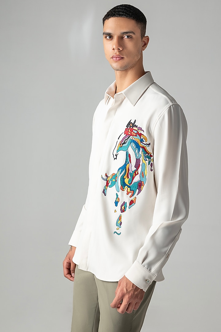 Ivory Polynosic Motif Embroidered Party Wear Shirt by AMIT ARORA at Pernia's Pop Up Shop
