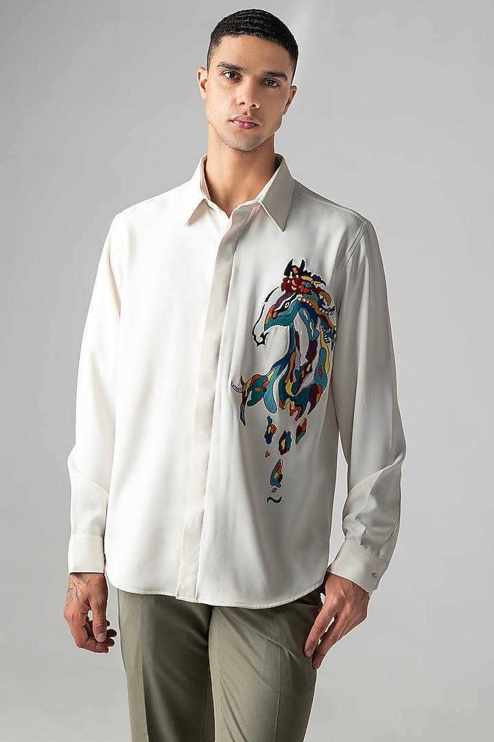 Ivory Polynosic Motif Embroidered Party Wear Shirt by AMIT ARORA at Pernia's Pop Up Shop