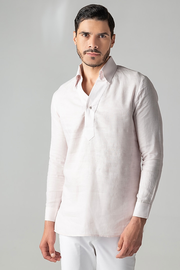 Baby Pink Linen Party Wear Shirt by AMIT ARORA at Pernia's Pop Up Shop