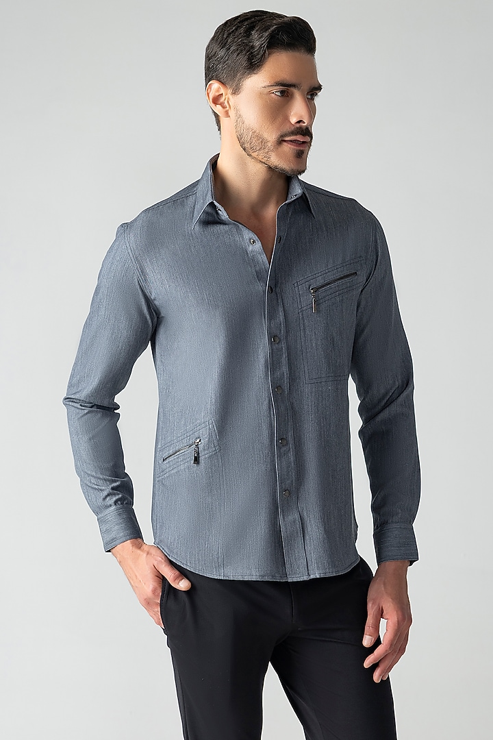 Grey Denim Party Wear Shirt by AMIT ARORA at Pernia's Pop Up Shop