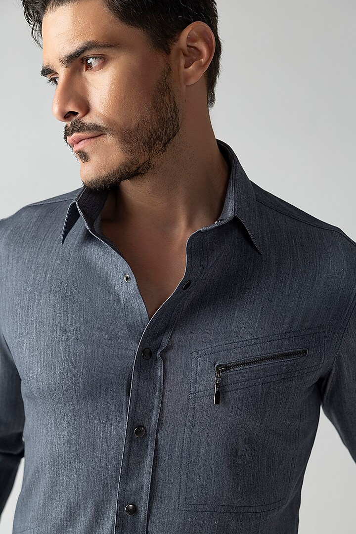 Grey Denim Party Wear Shirt by AMIT ARORA at Pernia's Pop Up Shop