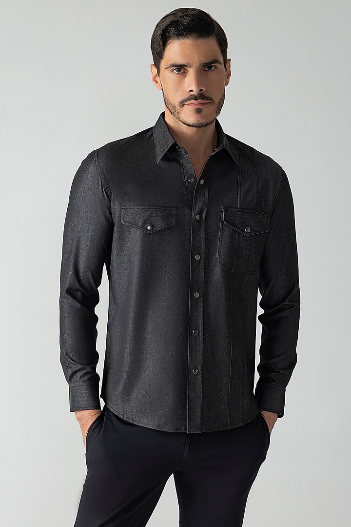 Black Denim Party Wear Shirt by AMIT ARORA at Pernia's Pop Up Shop