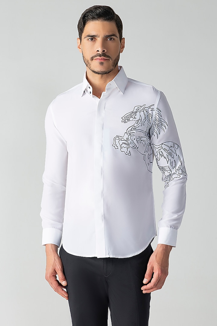 White Polynosic Embroidered Party Wear Shirt by AMIT ARORA at Pernia's Pop Up Shop