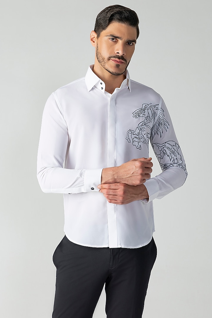 White Polynosic Embroidered Party Wear Shirt by AMIT ARORA at Pernia's Pop Up Shop