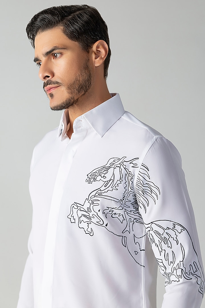 White Polynosic Embroidered Party Wear Shirt by AMIT ARORA at Pernia's Pop Up Shop