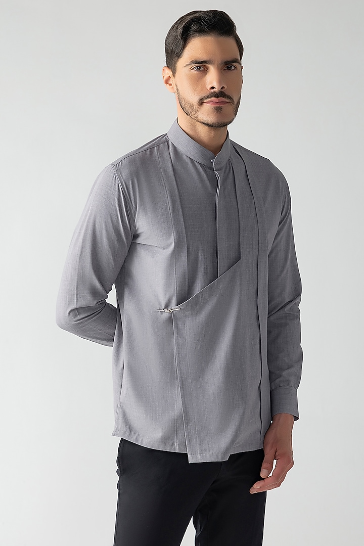 Light Grey Tencel Party Wear Shirt by AMIT ARORA at Pernia's Pop Up Shop