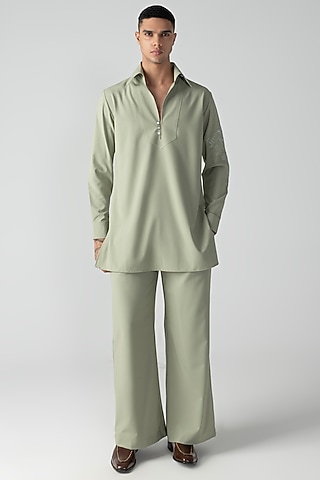 Mint Green Crepe Thread Embroidered Short Kurta Set by AMIT ARORA
