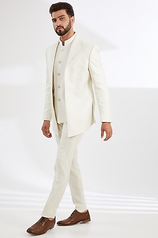 Ivory Jacquard & Matka Silk Indowestern Set by AMIT ARORA
